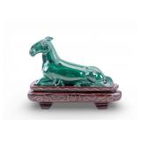 Chinese Carved Malachite Horse on Wooden Stand