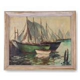 Framed Harbor Scene Oil Painting, New England