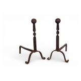 18th Wrought Iron Andirons, Ball Top, Pair