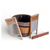 Antique Ad Washboards, Barrel Basin, & More