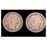 2 Barber Silver Half Dollars (1901O + 1907D)