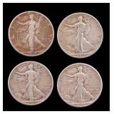 4 Walking Liberty Silver Half Dollars c1920-45