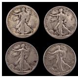 4 Walking Liberty Silver Half Dollars c1917-42
