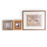 3 Framed Piece of Art w/ Map, Oriental Scenes