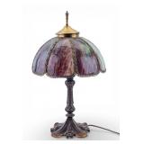 Art Nouveau Bronze Table Lamp w/ Slag Glass Shade
