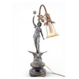 Art Nouveau Metal Figural Lamp, Tulip Shade