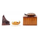 Early 20C Chinese Turtle Basket, Wood Boat