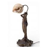Art Nouveau Bronze Figural Lamp w/ Shell Shade