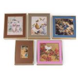 5 Asian Watercolor Prints, Cats