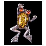 Sterling Silver and Amber Frog Brooch
