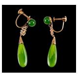 14K Gold Jade Screw Back Fu Earrings