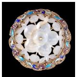 Floral Jade, Silver, and Enamel Brooch