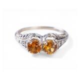 18K White Gold Citrine Art Deco Filigree Ring
