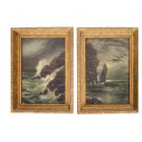 Pair, Antique Gilt Frame Oil Paintings Seascapes