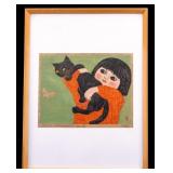 Gyojin Murakami "Girl and Cat" Woodblock Print