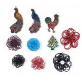 Sequin Peacock and Other Brooches