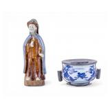 18/19th C Chinese Porcelain Pot /Inkwell +Figurine