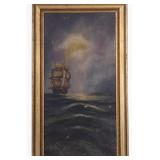 Antique Oil Painting Tall Ship Seascape