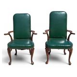 Pair, Green Leather Arm Chairs