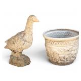 Plaster Goose and Plastic Garden Bucket