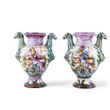 Pair of Italian Majolica Figural Urn Vases