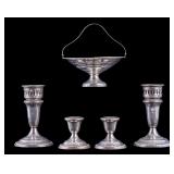 Sterling Silver Basket + 4 Candlesticks