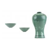 Korean Celadon Maebyeong Vase and Two Bowls