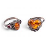 2 Vintage Amber & Sterling Silver Rings