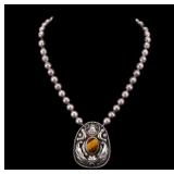 Silver Ball Necklace Tiger Eye Alpaca Pendant