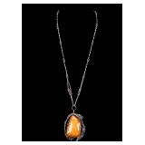 Art Nouveau Sterling Necklace Large Amber Pendant