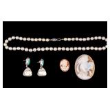 14K Gold Clasp Pearl Necklace, Shell Cameos