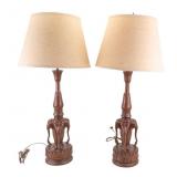 Mid Century Carved Wood Elephant Lamps
