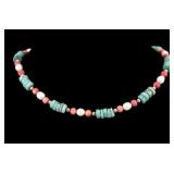 14K Gold Clasp Pearl Coral Turquoise Bead Necklace