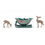 2 Brass Deer Figures and Christmas Pottery Sled