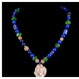 Marked Asian Art Glass Necklace w/ Carved Rabbit