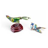 2 Chinese Export Silver Enameled Birds Figures