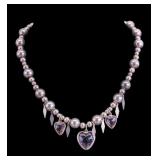Sterling Silver Beaded Necklace with Heart Charms