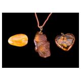 3 Carved Amber Trinkets Pendants & Brooch