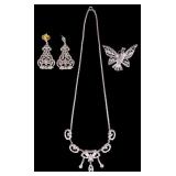 Antique Marcasite 925 Silver Necklace + Earrings