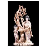 Asian Carved Figure of Woman, Child & Dog