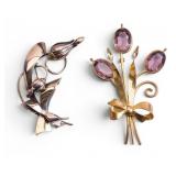 Pair of Sterling Silver Floral Brooch Pins