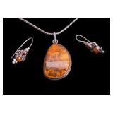 Sterling Silver & Amber Necklace Set 26 grams