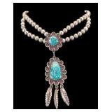 Turquoise Silver Bead Native Am. Necklace