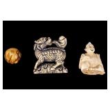 Carved Netsuke Dragon & Scholar + Monkey Bead