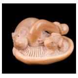 Carved Netsuke of Mouse & Frog in Mushroom
