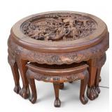 Chinese Intaglio Carved Table w/ Nesting Stools