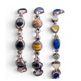 3 Sterling Silver Bracelets with Natural Gems