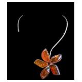 Flower Design Amber Pendant 925 Silver Necklace