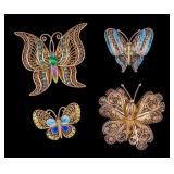4 Filigree Silver & Enamel Butterfly Brooches