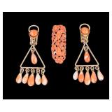 Antique Carved Coral Pendant + Silver Earrings